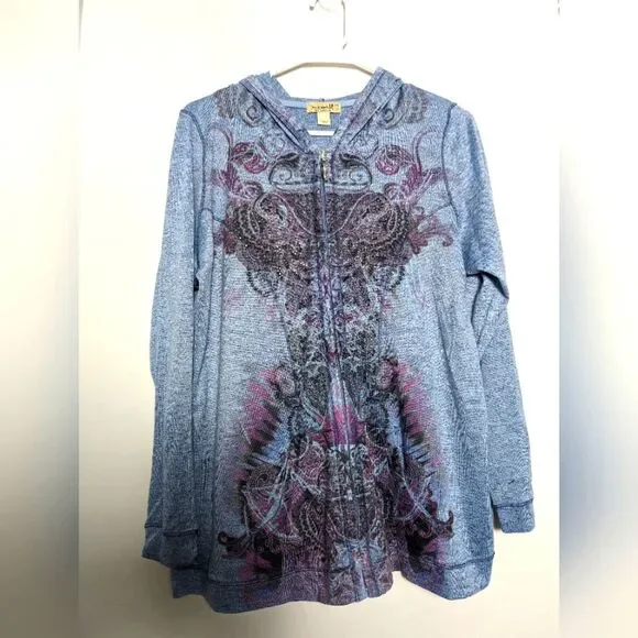 One world full zip plus size hoodie sz 2x blue purple Y2K 2000 artsy abstract - Picture 2 of 6